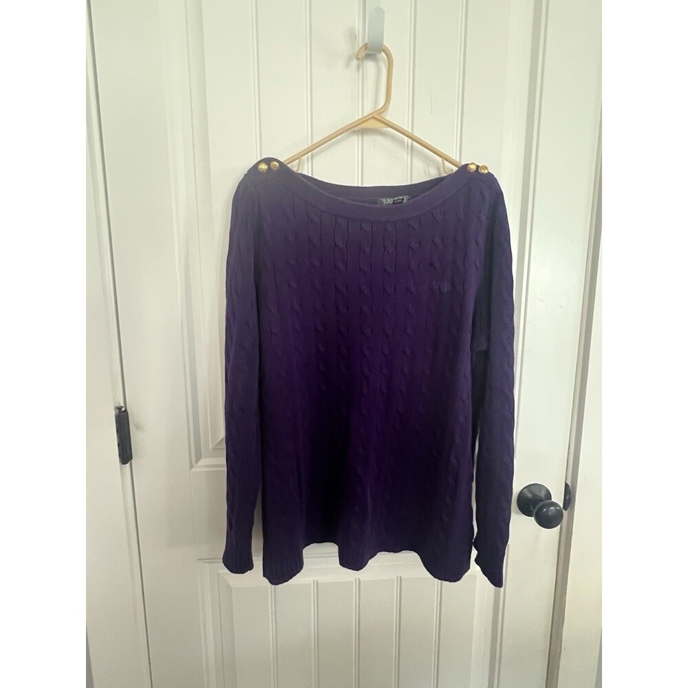 Lauren Ralph Lauren 1X Purple Cable Knit Sweater Crest Shoulder Buttons Cotton